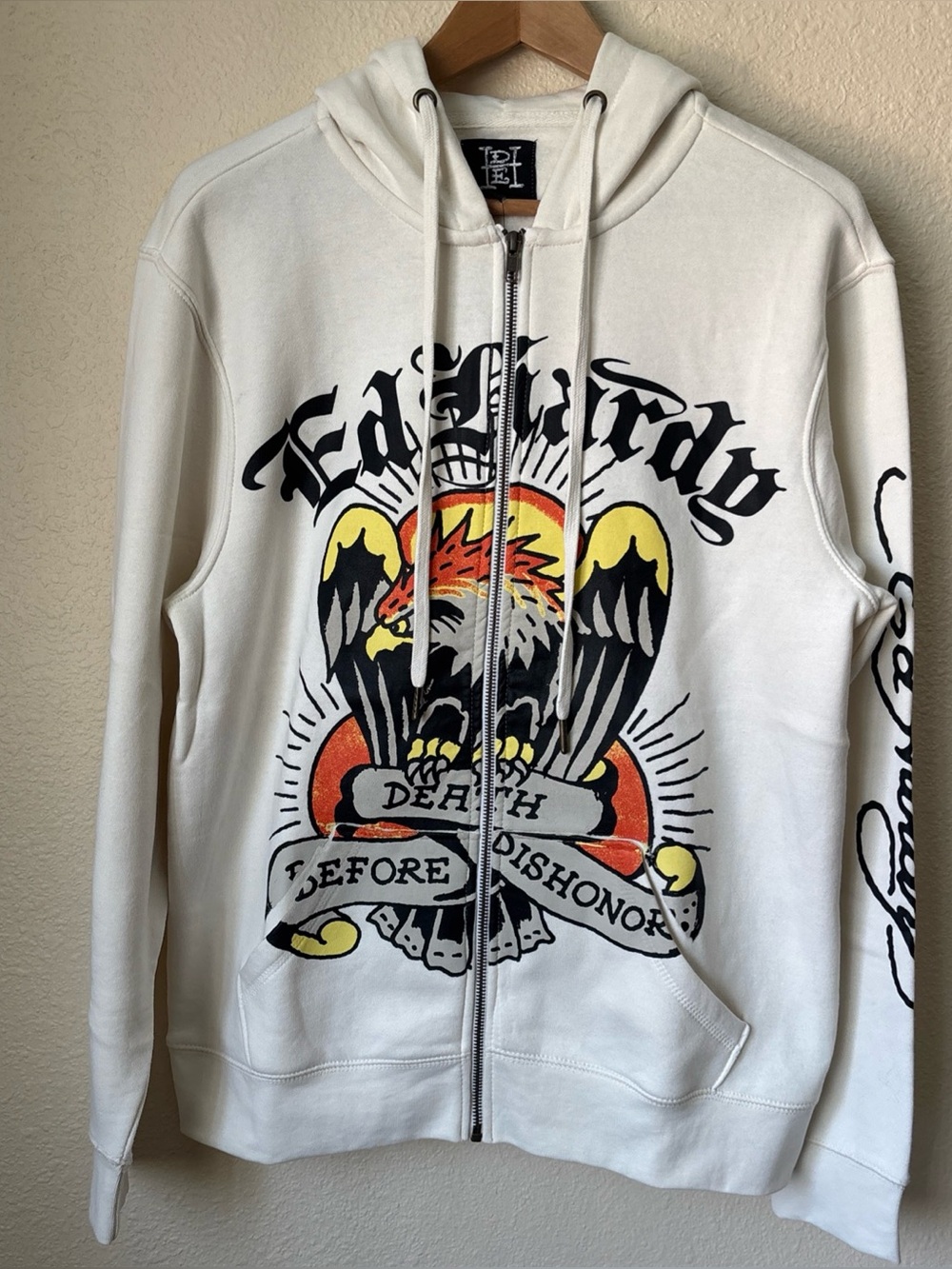 Ed Hardy White Zip-Up Hoodie with Multicolor Eagle Graphic